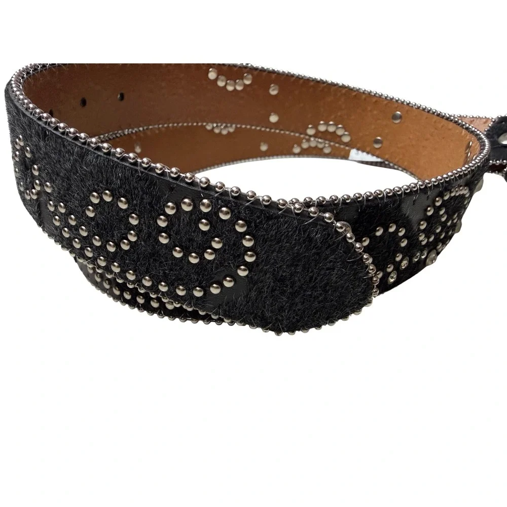 Black Calf Hair Studded Crystal Western Belt Large Bling Y2K